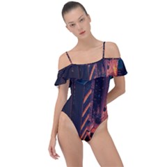 Abstract Landscape Landmark Town City Cityscape Frill Detail One Piece Swimsuit by Vaneshop