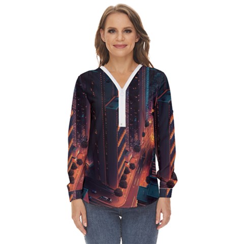 Abstract Landscape Landmark Town City Cityscape Zip Up Long Sleeve Blouse by Vaneshop