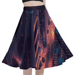 Abstract Landscape Landmark Town City Cityscape A-line Full Circle Midi Skirt With Pocket by Vaneshop