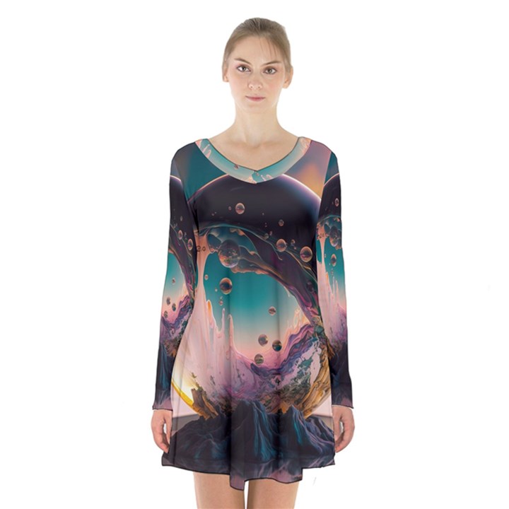 Crystal Ball Glass Sphere Lens Ball Long Sleeve Velvet V-neck Dress