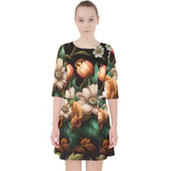 Floral Flower Blossom Bloom Flora Quarter Sleeve Pocket Dress