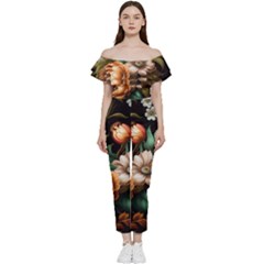 Floral Flower Blossom Bloom Flora Bardot Ruffle Jumpsuit by Vaneshop