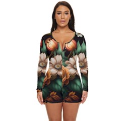 Floral Flower Blossom Bloom Flora Long Sleeve Boyleg Swimsuit