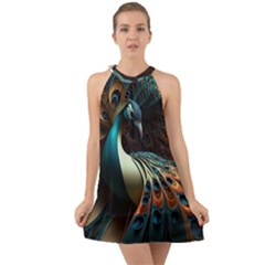 Colorful Peacock Bird Feathers Halter Tie Back Chiffon Dress by Vaneshop