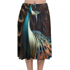 Colorful Peacock Bird Feathers Velvet Flared Midi Skirt by Vaneshop