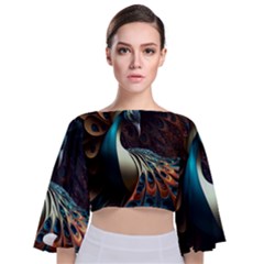 Colorful Peacock Bird Feathers Tie Back Butterfly Sleeve Chiffon Top by Vaneshop