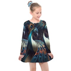 Colorful Peacock Bird Feathers Kids  Long Sleeve Dress by Vaneshop