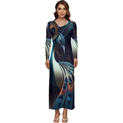 Colorful Peacock Bird Feathers Long Sleeve Longline Maxi Dress