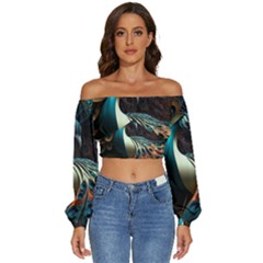 Colorful Peacock Bird Feathers Long Sleeve Crinkled Weave Crop Top by Vaneshop