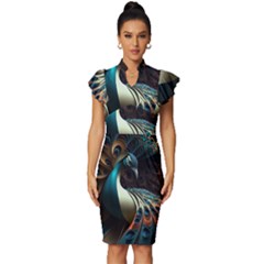 Colorful Peacock Bird Feathers Vintage Frill Sleeve V-neck Bodycon Dress by Vaneshop