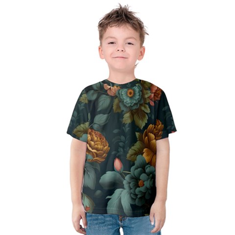 Floral Flower Blossom Turquoise Kids  Cotton Tee by Vaneshop