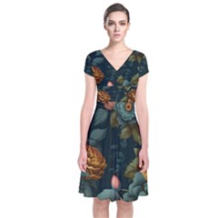 Floral Flower Blossom Turquoise Short Sleeve Front Wrap Dress by Vaneshop