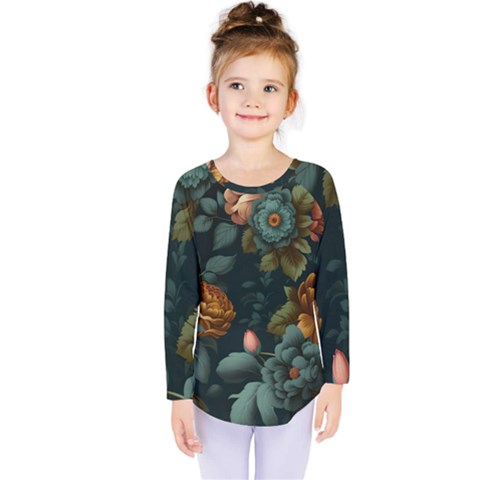 Floral Flower Blossom Turquoise Kids  Long Sleeve Tee by Vaneshop