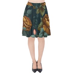 Floral Flower Blossom Turquoise Velvet High Waist Skirt by Vaneshop