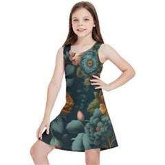 Floral Flower Blossom Turquoise Kids  Lightweight Sleeveless Dress by Vaneshop