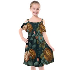 Floral Flower Blossom Turquoise Kids  Cut Out Shoulders Chiffon Dress by Vaneshop