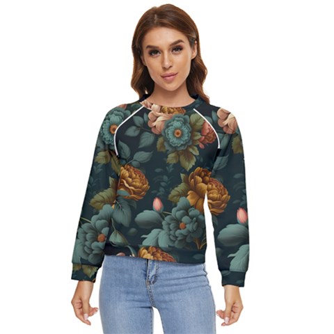 Floral Flower Blossom Turquoise Women s Long Sleeve Raglan Tee by Vaneshop