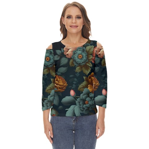 Floral Flower Blossom Turquoise Cut Out Wide Sleeve Top by Vaneshop