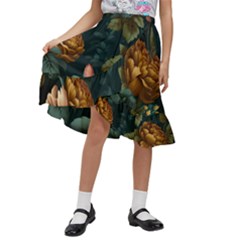 Floral Flower Blossom Turquoise Kids  Ruffle Flared Wrap Midi Skirt