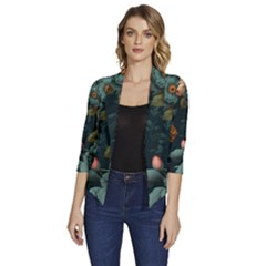 Floral Flower Blossom Turquoise Women s Draped Front 3/4 Sleeve Shawl Collar Jacket by Vaneshop