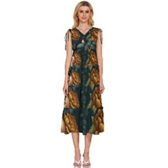 Floral Flower Blossom Turquoise V-neck Drawstring Shoulder Sleeveless Maxi Dress