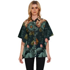 Floral Flower Blossom Turquoise Women s Batwing Button Up Shirt