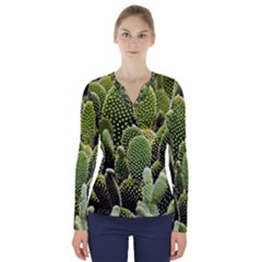 Cactus Flora Flower Nature Floral V-neck Long Sleeve Top by Vaneshop