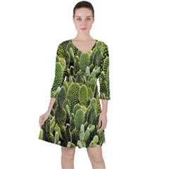 Cactus Flora Flower Nature Floral Quarter Sleeve Ruffle Waist Dress by Vaneshop