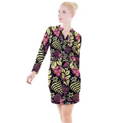 Flower Leaves Floral Flora Nature Button Long Sleeve Dress by Vaneshop