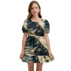 Wave Water Surface Sea Ocean Liquid Kids  Short Sleeve Dolly Dress by Vaneshop