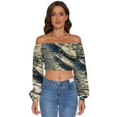 Wave Water Surface Sea Ocean Liquid Long Sleeve Crinkled Weave Crop Top by Vaneshop