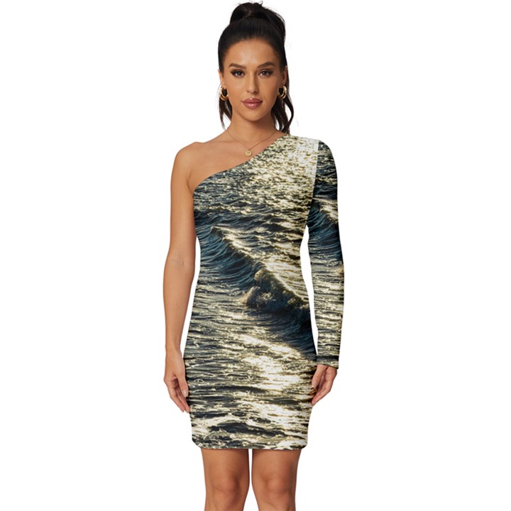 Wave Water Surface Sea Ocean Liquid Long Sleeve One Shoulder Mini Dress