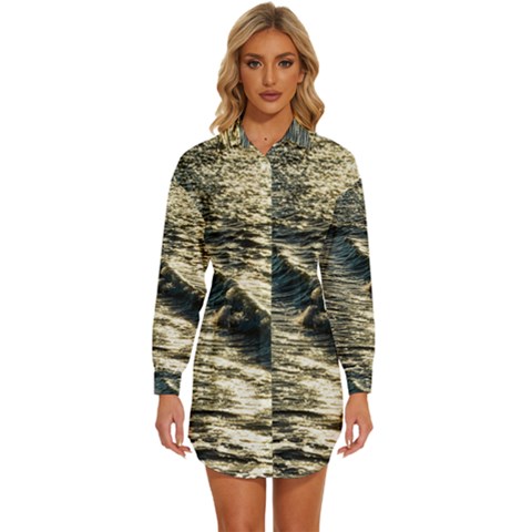 Wave Water Surface Sea Ocean Liquid Womens Long Sleeve Shirt Dress by Vaneshop