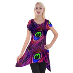 Peacock Feathers Color Plumage Short Sleeve Side Drop Tunic by Celenk