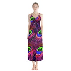 Peacock Feathers Color Plumage Button Up Chiffon Maxi Dress by Celenk