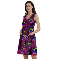 Peacock Feathers Color Plumage Sleeveless Dress With Pocket