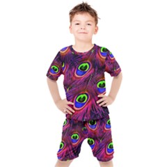 Peacock Feathers Color Plumage Kids  Tee And Shorts Set by Celenk