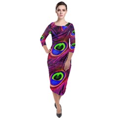 Peacock Feathers Color Plumage Quarter Sleeve Midi Velour Bodycon Dress by Celenk