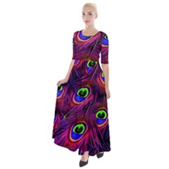 Peacock Feathers Color Plumage Half Sleeves Maxi Dress by Celenk