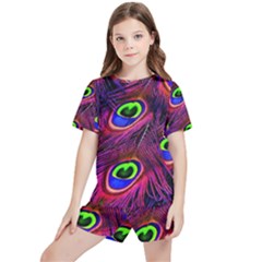 Peacock Feathers Color Plumage Kids  Tee And Sports Shorts Set by Celenk