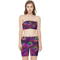 Peacock Feathers Color Plumage Stretch Shorts And Tube Top Set by Celenk