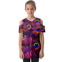 Peacock Feathers Color Plumage Fold Over Open Sleeve Top by Celenk