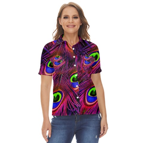 Peacock Feathers Color Plumage Women s Short Sleeve Double Pocket Shirt by Celenk