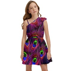 Peacock Feathers Color Plumage Kids  One Shoulder Party Dress by Celenk