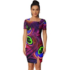 Peacock Feathers Color Plumage Fitted Knot Split End Bodycon Dress by Celenk