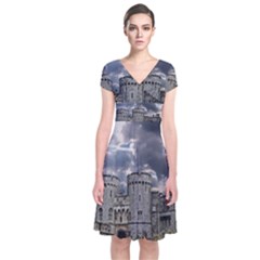 Castle Building Architecture Short Sleeve Front Wrap Dress by Celenk