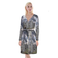 Castle Building Architecture Long Sleeve Velvet Front Wrap Dress