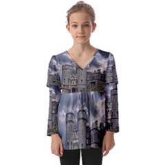 Castle Building Architecture Kids  V Neck Casual Top by Celenk