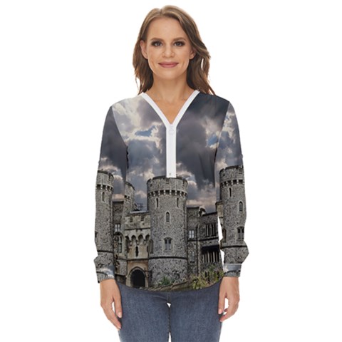 Castle Building Architecture Zip Up Long Sleeve Blouse by Celenk