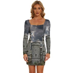 Castle Building Architecture Long Sleeve Square Neck Bodycon Velvet Dress by Celenk